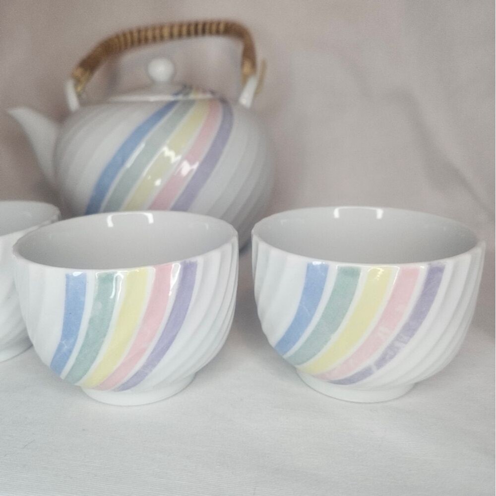 Vintage Pastel Rainbow Porcelain Tea Set - 4 Cups 1 Teapot 70s-80s Made In Japan - Picture 2 of 9